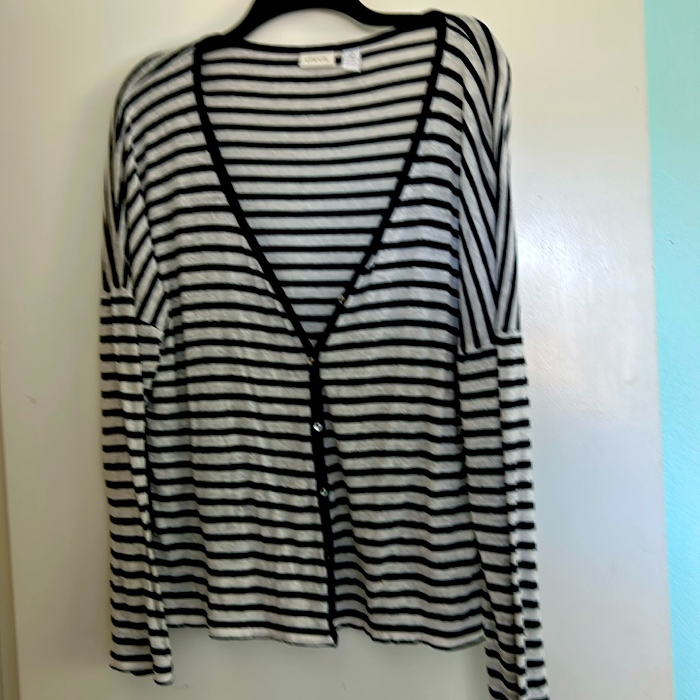 Navy and off white striped linen and rayon sweater